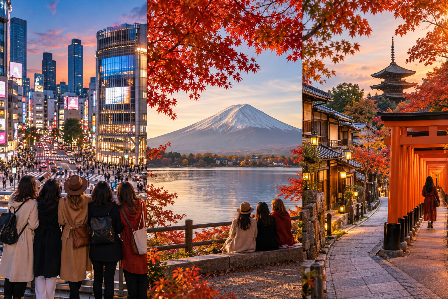 Tokyo city lights, Mount Fuji in autumn and Kyoto lantern streets